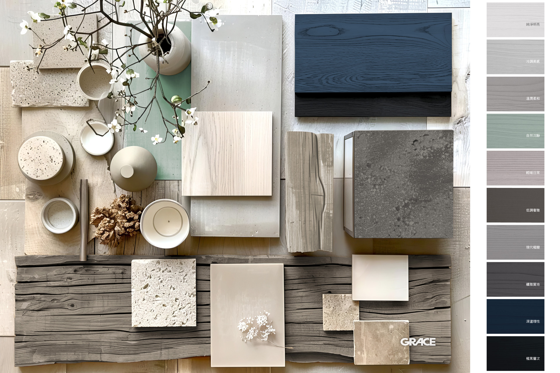 Neutral color palette mood board with wood, stone and ceramic el
